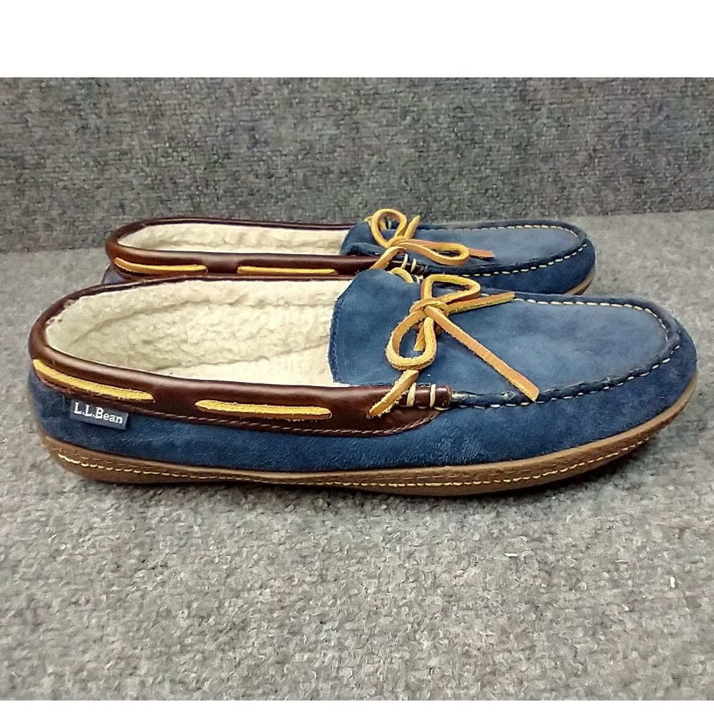 LL Bean Wicked Good Moccasins Mens 10 Blue Suede Shearling Slippers 252655